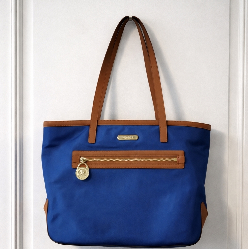 Michael Kors Jet Set Nylon Tote Royal Blue Tan Leather EUC